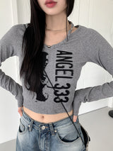 フックルビーズホルターストラッププリント長袖Tシャツ / hook beaded halter thong print long sleeve t-shirt