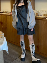 モリガールコットンデニムリボンスリーブレス / Morigirl cotton denim ribbon sleeveless
