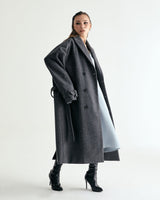 UNISEX BELTED WOOL DOUBLE COAT W - SHARKSKIN DARK GRAY (6636059689078)