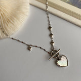 マザーオブパールハートトグルバーネックレス / eg White mother-of-pearl Heart Toggle Bar Necklace