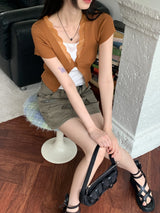 コシットレースボタンVネッククロップド半袖カーディガン / Cosit lace button V-neck cropped short-sleeved cardigan