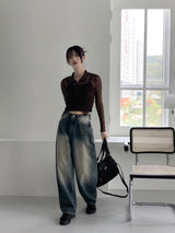 ルーティングウェーブシースルークロップ長袖ブラウス / Rooting wave see-through cropped long-sleeved blouse