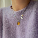 ハートフラワービーズヒップメイドネックレス / ely Yellow Orange Heart Flower Beads Hip Handmade Necklace