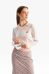 スモールチェリーアーガイルカラーニット／SMALL CHERRY ARGYLE COLLAR KNIT [SALMON]