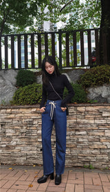 SEMI-WIDE FIT STRING POINT DARK DENIM PANTS [17708]