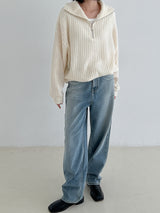 リブハーフジップアップニット/Ribbed Half Zip Up Knit (4color)
