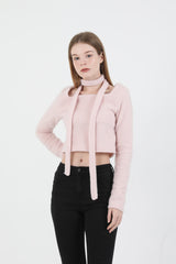 Square Neck Fur Knit T-shirt Muffler Set Pink