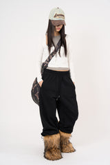 Waffle string scoop-neck long sleeve
