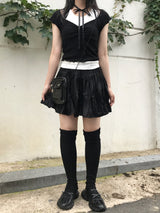 romantic lovely ribbon choker frill ribbed T-shirt