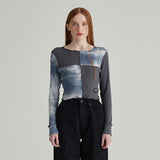 NAVY TIE-DYE BLOCK MIX CROP LONG SLEEVES T-SHIRT