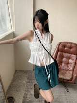 リウムプリーツシャーリングストリングノースリーブブラウス / Leeum pleated shirring string sleeveless blouse