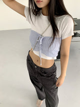 ロヘットリボンストラップコルセットビスチェブックルニットトップ / Rohet Ribbon Strap Corset Bustier Boucle Knit Top