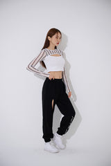 ラインブラックホールメッシュクロップTシャツ / TOP(9369) Line Black Hole Mesh Crop Tee