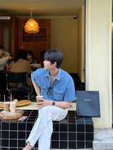 セミオーバーボタンハーフデニムシャツ  / LMN Semi-Over Button Half Denim Shirt (2 colors)