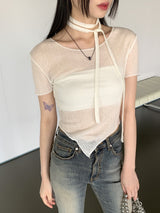 ティルダスカーフシースルー斜めクロップ半袖Tシャツセット / 【SET】Tilda Scarf See-Through Diagonal Crop Short Sleeve T-Shirt Set