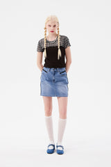 スモールチェリーメッシュパターンカラーミックスクロップTシャツ / SMALL CHERRY MESH PATTERN COLOR MIX CROP T-SHIRT [BROWN]