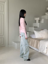 Washed Pocket Cargo Light Blue Long Wide Denim Pants
