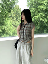テユストリングシャーリングリネンチェックフードシャツカミス / Teyu String Shirring Linen Check Hooded Shirt Camis