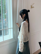 Glo wedding guest look lace pleated string long sleeve blouse