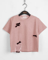 ルーシュベルベットリボンテリークロップ半袖Tシャツ