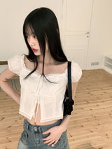 Poppy Vintage Lace Puff String Cropped Short Sleeve Blouse