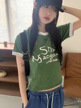 Shane Coloring Sporty Lettering Printed Semi-Crop Short Sleeve T-Shirt