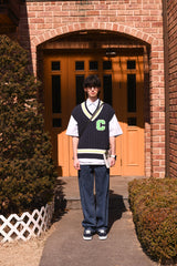 ライトグリーンCパッチvネックニットベストユニセックス / Light Green C Patch V-neck Navy Knitwear Vest
