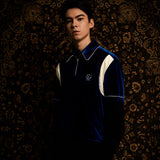 レザートリムベロアジップアップポロシャツ/[UNISEX] Leather-Trimmed Velour Zip Polo (Blue)