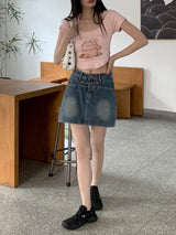 ケロスリットストレートポケットデニムミニスカート / Kelo Slit Straight Pocket Denim Mini Skirt