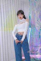 ジッパーショルダーメッシュクロップTシャツ/TOP(8304) Zipper Shoulder Mesh Crop Tee
