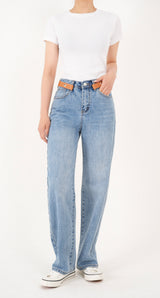 レザーベルトポイントストレートフィットデニムパンツ/BILLLIE SUHYEON LEATHER BELT POINT STAIGHT FIT LIGHT BLUE DENIM [16629]