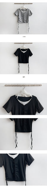 シャーリングリボンレイヤードボタンクロップ半袖Tシャツ