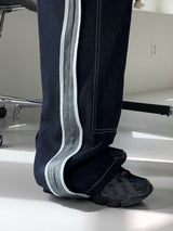 デューパーステッチカラーマッチングロープベルトロングワイドデニムパンツ / Duper stitch color matching rope belt long wide denim pants