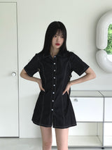 ウェディーンデニムステッチシャツ半袖ミニワンピース / Wadeen Denim Stitch Shirt Short Sleeve Mini One Piece