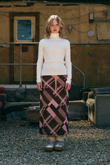 CHECK PATTERN KNIT LONG SKIRT [BROWN]