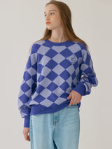 (KT-22133)CHECKER BOARD KNIT PUPPLE (6672345432182)