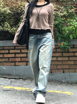 ビンテージツインキャットウォッシングデニムワイドパンツ