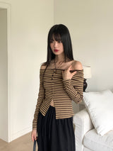 Iku striped button slit off-shoulder long sleeve T-shirt