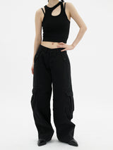 ローライズワイドパンツ/Low-rise black wide pants