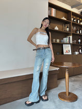 Belted light blue bootcut denim pants