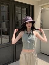 ヘンタ Y2K ホルターネックカラーツーウェイデニムクロップドベストジップアップ / Henta Y2K Halterneck Collar Two-Way Denim Cropped Vest Zip-Up
