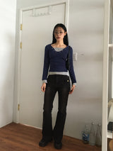 Jettyレイヤード配色Vネックトット長袖Tシャツ