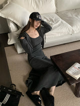 Charcoal hooded zip-up one-piece set