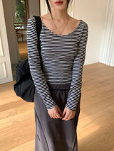 TL Striped Deep U-Neck Long Sleeve T-Shirt