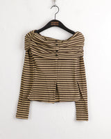 Iku striped button slit off-shoulder long sleeve T-shirt
