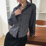 Sahiビンテージストライプポケットクロップ長袖シャツ