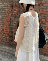 シースルー刺繍レイヤードスリーブレスベストカーディガン/Fshi See-Through Embroidered Layered Sleeveless Vest Cardigan
