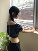 ミネンデニムオフショルダークロップド半袖ブラウス / Minen Denim Off Shoulder Cropped Short Sleeve Blouse