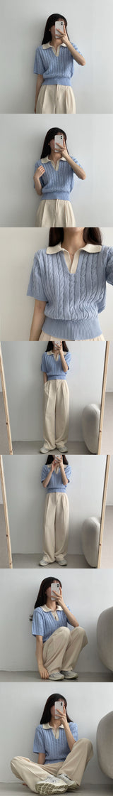 カラーリングカラーツイストクロップドショートスリーブニットウェア / colouring collar twist cropped short-sleeved knitwear