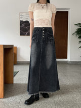 マーブルボタンポケットAラインロングデニムスカート/Muffled button pocket A-line long denim skirt